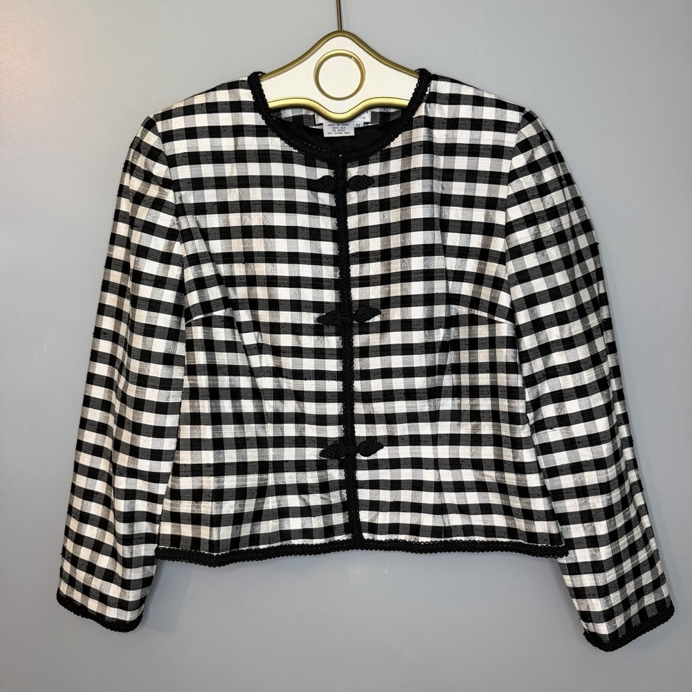 Vtg Maggy London Womens Cropped Blazer 100% Silk Black & White Gingham Size 10
